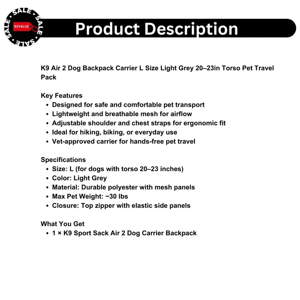 K9 Air 2 Dog Backpack Carrier L Size Light‎ Grey 20–23in Torso Pet Travel Pack